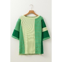 Mint Green Striped Patchwork Textured Colorblock 3/4 Sleeve Knit Top - L thumbnail