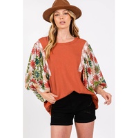 Desert Gold Floral Puff Sleeve Patchwork Round Neck Blouse - L thumbnail