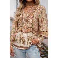 Yellow Floral Print Tie Neck Lantern Sleeve Blouse - L thumbnail
