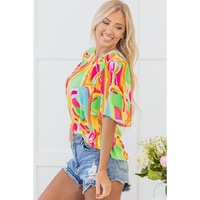 Multicolour Abstract Print Keyhole Back Pleated Half Sleeve Blouse - M thumbnail
