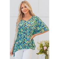 Green Abstract Print V Neck Half Sleeve Loose Fit Tunic Blouse - L thumbnail