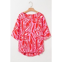 Red Abstract Print V Neck Batwing Sleeve Oversized Blouse - L thumbnail