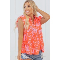 Orange Floral Print Collared Button Neckline Flutter Sleeve Blouse - L thumbnail