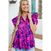 Rose Floral Print Collared Button Neckline Flutter Sleeve Blouse - L thumbnail