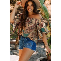 Apricot Paisley Printed Shirred Off Shoulder Ruffled Draped Sleeve Blouse - L thumbnail