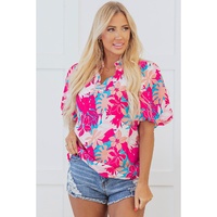 Rose Tropical Plant Printed V Neck Puff Sleeve Blouse - L thumbnail