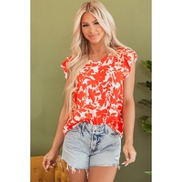 Orange Floral Ruffle Sleeve Print Top - L thumbnail