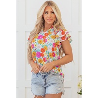 Yellow Floral Print Shirred Tiered Ruffled Sleeve Blouse - L thumbnail
