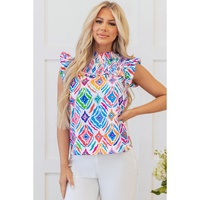 Light Blue Geometric Printed Flutter Sleeve Mock Neck Shirred Blouse - L thumbnail