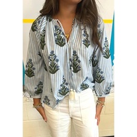 Beau Blue Striped Floral Printed Long Sleeve Tied V Neck Blouse - XL thumbnail