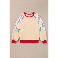 Beige Bowknot Printed Patchwork Raglan Sleeve Colorblock Edge Top - L thumbnail