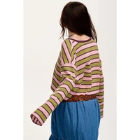 Spinach Green Clashing Stripes Waffle Texture Notched Neck Long Sleeve Top - L thumbnail