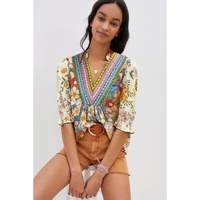 Multicolour Crochet V Neck Half Sleeve Boho Floral Blouse - L thumbnail