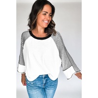 Black Striped Bracelet Sleeve Raglan Patchwork Top - M thumbnail