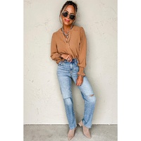 Straw Yellow Solid Color Shirred Cuff Notch V Neck Blouse - L thumbnail