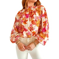 Orange Floral Print Pearl Button Keyhole Long Puff Sleeve Blouse - L thumbnail