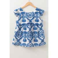 Blue Boho Print Flutter Sleeve Crew Neck Blouse - L thumbnail