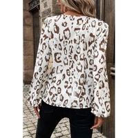 Khaki Leopard Print Split Neck Balloon Sleeve Blouse - L thumbnail