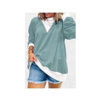 Light Blue Corded Colorblock Drop Shoulder Loose Top - M thumbnail