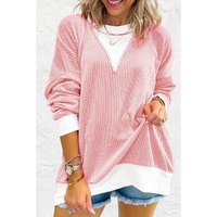 Peach Blossom Corded Colorblock Drop Shoulder Loose Top - L thumbnail
