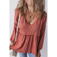 Mineral Red Solid Color Textured Frilled Trim V Neck Puff Sleeve Blouse - M thumbnail