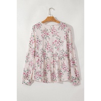 Pink Floral Print Pleated U Neck Loose Fit Blouse - L thumbnail