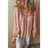 Gossamer Pink Floral Embroidered Textured Flounce Sleeve Elegant Blouse - L thumbnail