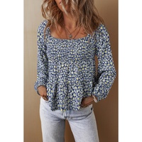 Blue Boho Floral Print Smocked Square Neck Loose Fit Blouse - L thumbnail