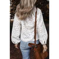 White Eyelet Embroidered Puff Sleeve V Neck Blouse - M thumbnail