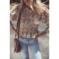Yellow Floral Print Smocked Bubble Sleeve Ruffled Crop Top - L thumbnail