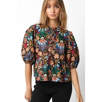 Black Tropical Print Bubble Sleeve Knot Front Blouse - L thumbnail