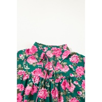 Green Floral Printed Tied Collar Puff Sleeve Blouse - L thumbnail