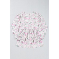 Pink Floral Print Shirred Balloon Sleeve Keyhole Back Babydoll Blouse - L thumbnail
