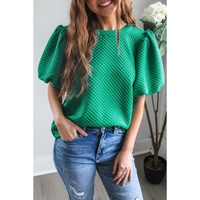 Sea Green Solid Textured O Neck Puff Sleeve Blouse - L thumbnail