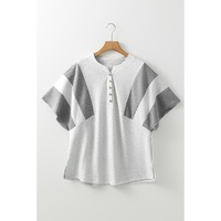 Light Grey Two Tone Contrast Waffle Knit Patched Buttoned V Neck Top - L thumbnail