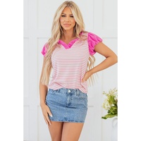 Pink Stripe Ruffled V Neck Cap Puff Sleeve Top - L thumbnail