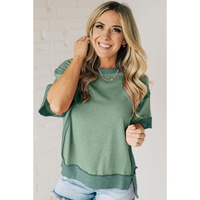 Smoke Green Half Sleeve Raw Seam High Low Side Split Top - L thumbnail