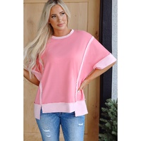 Peach Blossom Half Sleeve Raw Seam High Low Side Split Top - L thumbnail