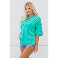 Mint Green Solid Color Half Sleeve Buttons Henley Top - L thumbnail