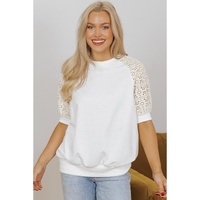White Lace Crochet Short Sleeve Round Neck T Shirt - S thumbnail