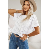 White Eyelet Pattern Boat Neck Casual Tee - M thumbnail