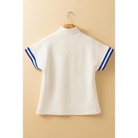 Beige Preppy Striped Trim Textured Quarter Zipper Colorblock Short Sleeve Top - L thumbnail