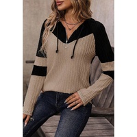 Parchment Textured Colorblock Long Sleeve Quarter Zip Drawstring Hooded Top - S thumbnail