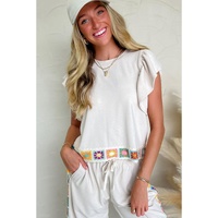 White Floral Crochet Patched Ruffled Sleeve Crewneck Blouse - L thumbnail