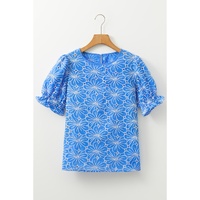 Sky Blue Eyelet Flower Embroidery Frilled Short Puff Sleeve Blouse - L thumbnail
