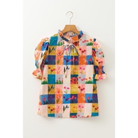 Multicolour Floral Checker Print Ruffled Short Puff Sleeve Blouse - L thumbnail