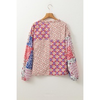 Orange Mixed Floral Printed Long Sleeve Tied V Neck Blouse - L thumbnail