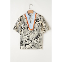 White Zebra Stripe Print Contrast V-Neck Ricrac Detail Short Sleeve Blouse Top - XL thumbnail