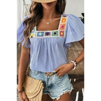 Sky Blue Stripe Textured Ruffle Short Sleeve Boho Detail Square Neck Blouse - L thumbnail
