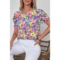Purple Floral Print Puff Short Sleeve Crew Neck Blouse - L thumbnail